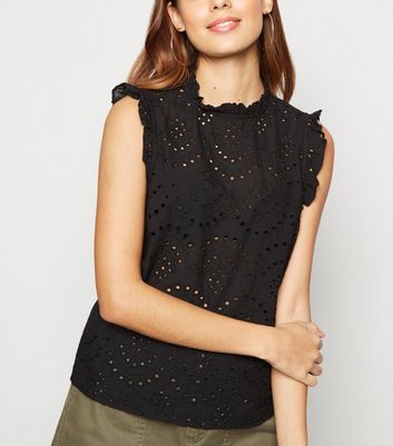 Black Broderie Frill Trim Blouse | New Look